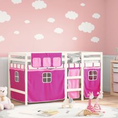 Lit mezzanine enfants et rideaux rose 80x200cm bois pin massif