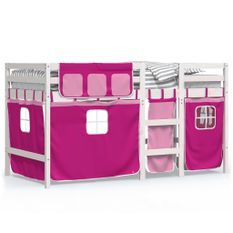 Lit mezzanine enfants et rideaux rose 80x200cm bois pin massif