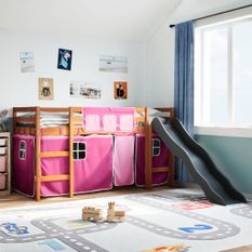 Lit mezzanine enfants et rideaux rose 80x200cm bois pin massif