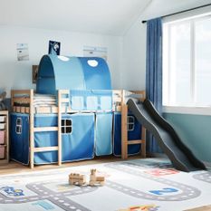 Lit mezzanine enfants et tunnel bleu 90x190 cm bois pin massif