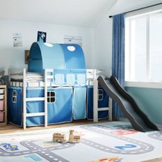 Lit mezzanine enfants et tunnel bleu 90x190 cm bois pin massif