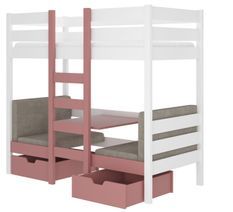Lit mezzanine et superposé 2 couchages avec 2 tiroirs de rangement blanc et rose 90x200 cm Sulutia