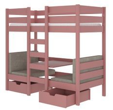 Lit mezzanine et superposé 2 couchages avec 2 tiroirs de rangement rose 90x200 cm Sulutia