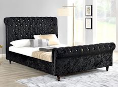 Lit moderne tête de lit haute capitonnée tissu noir Kapy 160x200 cm