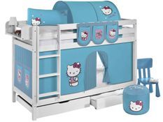 Lit superposable blanc et rideau bleu Hello Kitty 90x190 cm
