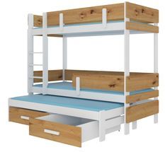 Lit superposé 3 niveaux avec 2 tiroirs de rangement blanc et bois artisan 90x200 cm Kopa