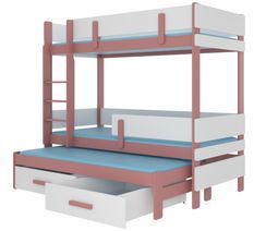 Lit superposé 3 niveaux avec 2 tiroirs de rangement rose et blanc 90x200 cm Kopa