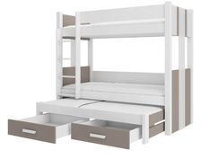 Lit superposé 3 places 90x200 cm ARKO - 2 tiroirs de rangement et 3 sommiers
