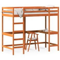 Lit superposé avec bureau marron 90x190 cm bois pin massif