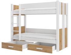 Lit superposé blanc et bois artisan 2 couchages 80x180 cm ou 90x200 cm avec tiroirs de rangement Luka