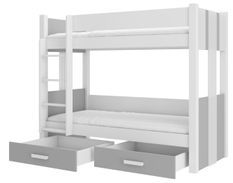 Lit superposé blanc et gris clair 2 couchages 80x180 cm ou 90x200 cm avec tiroirs de rangement Luka