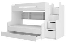 Lit superposé bois blanc 3 couchages 90x200 cm avec étagère et escaliers de rangement Karel