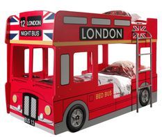 Lit superposé Bus Londonien 90x200 cm – Rouge – Sommiers inclus