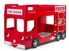 Lit superposé camion de pompier FIRE 90x200 cm – Bois laqué rouge – Sommiers inclus
