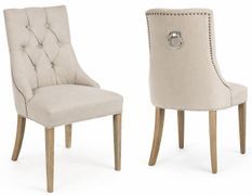 Lot de 2 chaises CALLY – Chêne beige & lin, dossier clouté avec poignée zinc