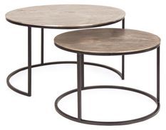 Lot de 2 tables basses rondes BRINA – Aluminium effet pierre & acier noir