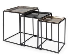 Lot de 3 tables basses carrées BRINA – Aluminium vieilli & acier noir