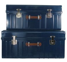 Malle métallique bleu avec poignée simili cuir - Lot de 2
