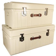 Malle métallique crème avec poignée simili cuir - Lot de 2