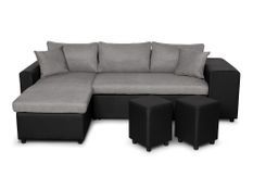 Canapé d'angle reversible et convertible simili noir et tissu gris avec coffre et poufs Kita 241 cm