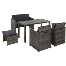 Meuble à dîner de jardin 6 pcs et coussins Résine tressée Gris