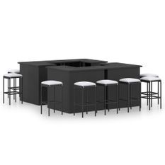 Meuble de bar de jardin 16 pcs et coussins Résine tressée Noir