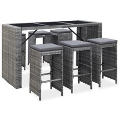 Meuble de bar de jardin 7 pcs et coussins Résine tressée Gris