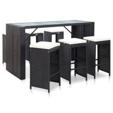 Meuble de bar de jardin 7 pcs et coussins Résine tressée Noir