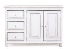 Meuble de rangement 2 portes 3 tiroirs KOLITA - Bois massif blanc patiné