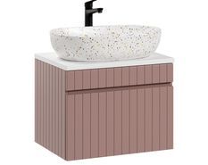 Meuble de salle de bain EMBLEMATIC Rose 60 cm – Façade vieux rose rainurée, plateau blanc & vasque terrazzo