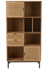 Meuble étagère KLAKO 2 portes, 2 tiroirs & étagères ouvertes – Bois naturel & cannage