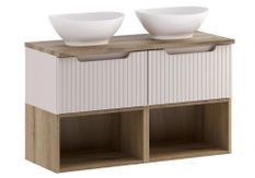 Meuble salle de bain double vasque suspendu NOVA Taupe 100 cm avec plan de travail effet chêne et vasques LOLA