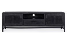 Meuble TV 2 portes 1 tiroir WAKY 180 cm - Bois massif et rotin noir