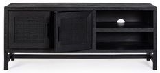 Meuble TV 2 portes 2 étagères en bois massif noir de manguier et rotin noir Waky 130 cm