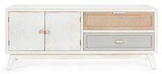 Meuble TV 2 portes 2 tiroirs bois de sapin blanc et rotin naturel Tika 120 cm
