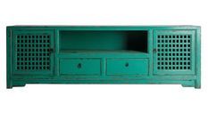 Meuble TV 2 portes 2 tiroirs pin massif recyclé turquoise Arjun
