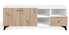 Meuble TV 2 portes 3 niches 1 tiroir en bois chêne clair et bois blanc Lazeto 140 cm