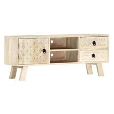 Meuble TV 2 tiroirs manguier massif blanc Endes 110 cm