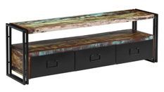 Meuble TV 3 tiroirs bois massif recyclé et métal noir Mista