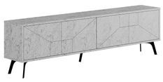 Meuble TV 4 portes bois blanc effet marbre motif géométrique Kuzako 180 cm