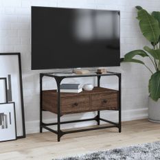 Meuble TV avec dessus en verre chêne marron bois d'ingénierie