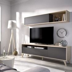 Meuble TV avec étagére murale - Décor chene et graphite - L 180 x P 41 x H 180 cm - BONN