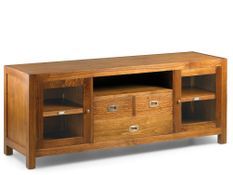 Meuble TV en bois massif ORKA 150 cm – 3 tiroirs, 2 portes vitrées & 1 niche