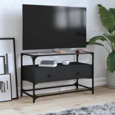 Meuble TV et dessus en verre noir 80x35x51 cm bois d'ingénierie