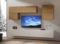 Mur TV modulable suspendu design blanc et naturel Lina L 268 cm - 6 pièces