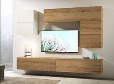 Mur TV modulable suspendu bois naturel Bela L 268 cm - 7 pièces