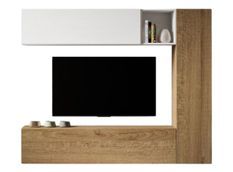 Mur TV modulable suspendu design blanc et naturel Lina L 214 cm - 4 pièces