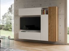 Meuble TV modulable suspendu design blanc et naturel Lina L 214 cm - 5 pièces