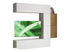 Meuble TV modulable suspendu blanc et naturel Kina L 214 cm - 6 pièces