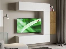 Meuble TV modulable suspendu design blanc et naturel Kina L 214 cm - 6 pièces
